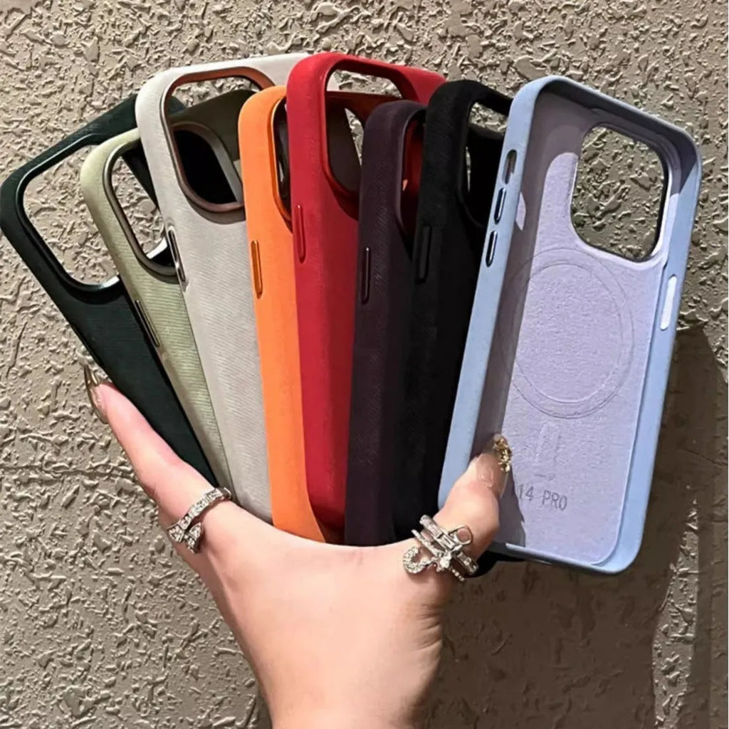 Magnetic leather drop-resistant flannel phone case for iPhone in silver grey colour showing hard case design