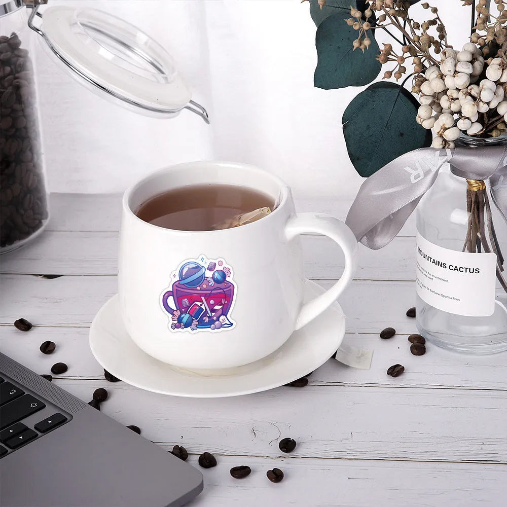A pack of 50 colourful tea cup graffiti-style waterproof vinyl stickers on a sheet.