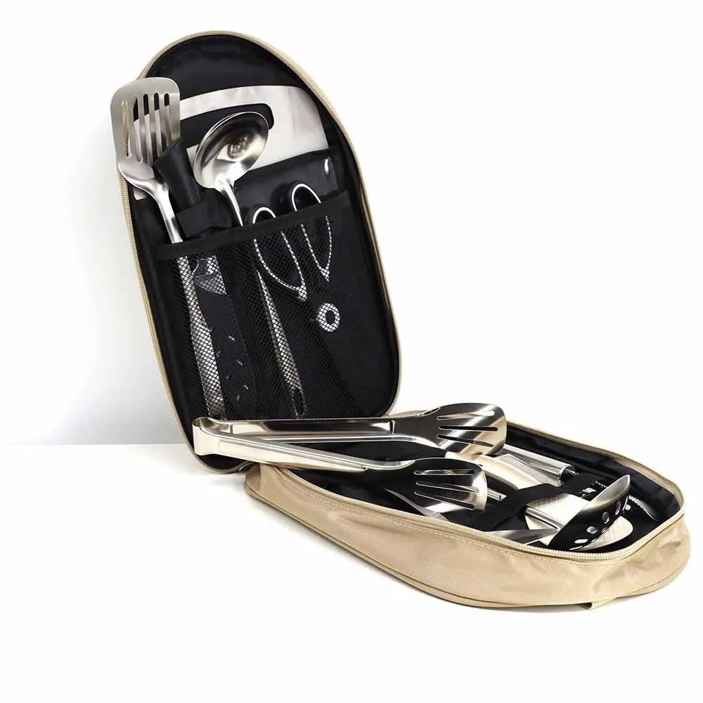 12-piece stainless steel picnic kitchenware set in portable storage bag with khaki exterior