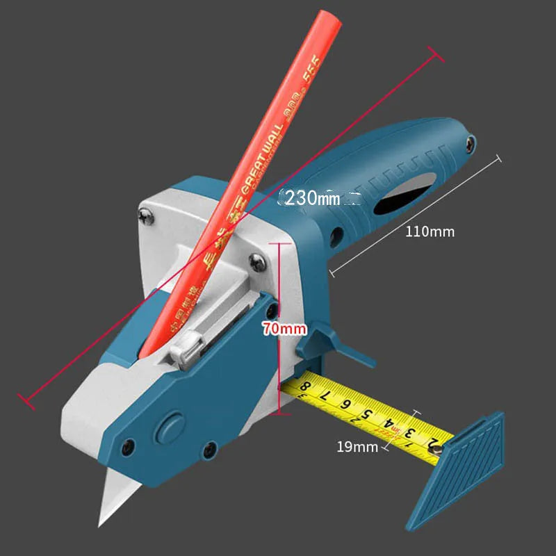 Blue multifunctional woodworking cutter with tape measure and one-press lock for precise material cutting