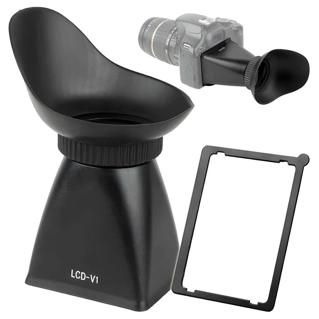 Black camera LCD viewfinder magnifier attached to a DSLR, showing a magnified screen display.