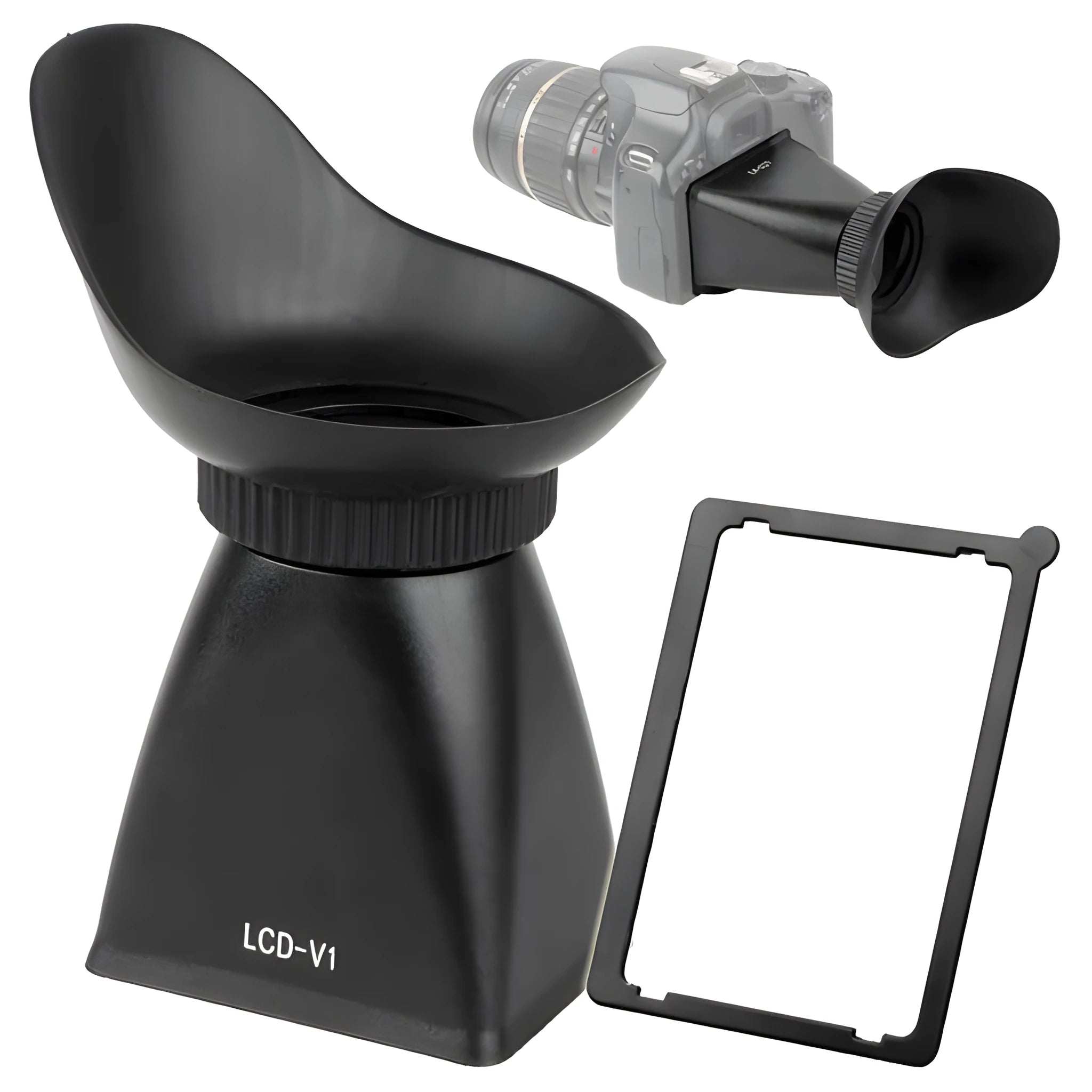 Black camera LCD viewfinder magnifier attached to a DSLR, showing a magnified screen display.