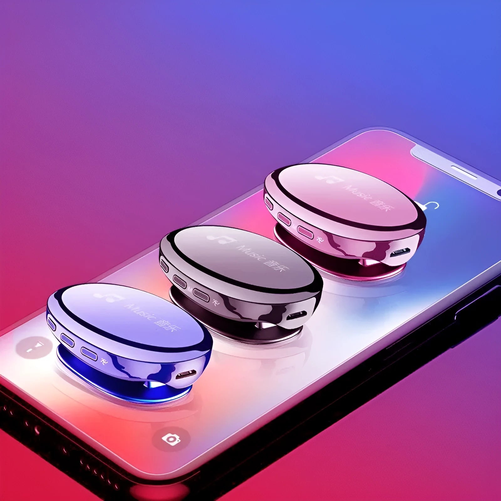 Bluetooth MP4 music player in black, blue, or rose gold with an OLED screen displaying track info.