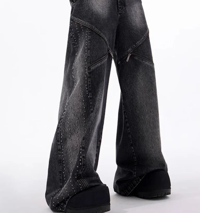 Korean style two-piece set with structure zipper wide leg pants and matching top in black and grey washed cotton denim