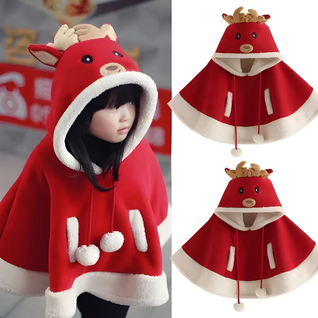 Reindeer poncho Christmas cloak costume for children, suitable for heights 80cm to 160cm, eight size options available.