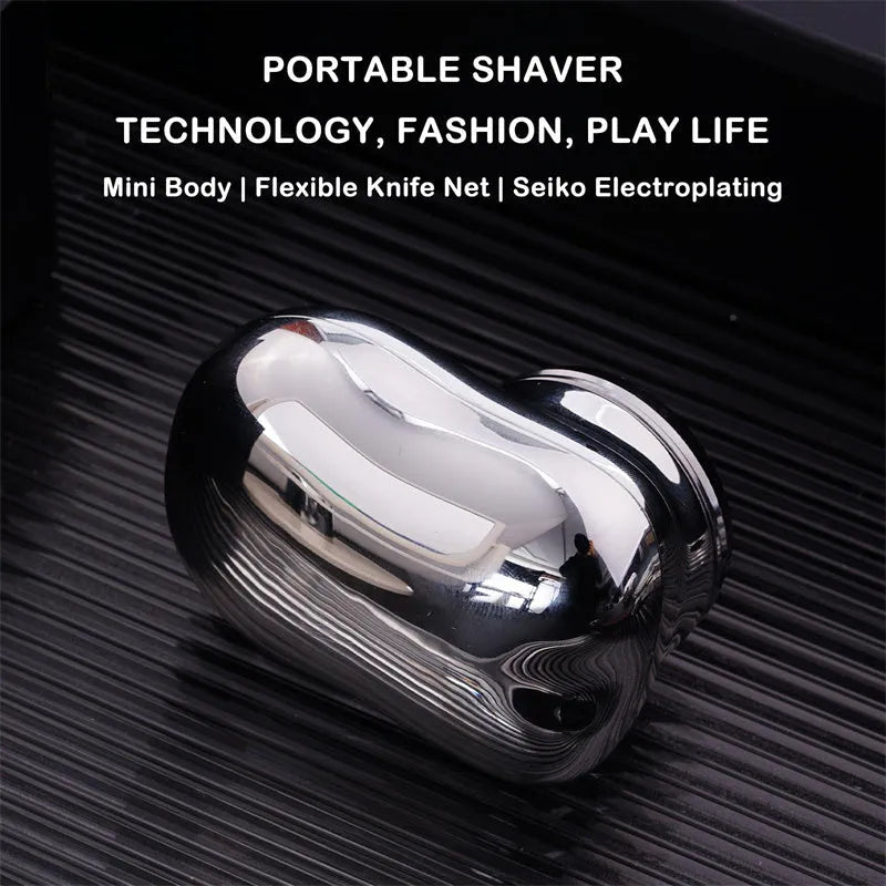 Mini portable USB rechargeable electric shaver with rotary 1-blade head, aluminium body, silver colour, wet and dry use