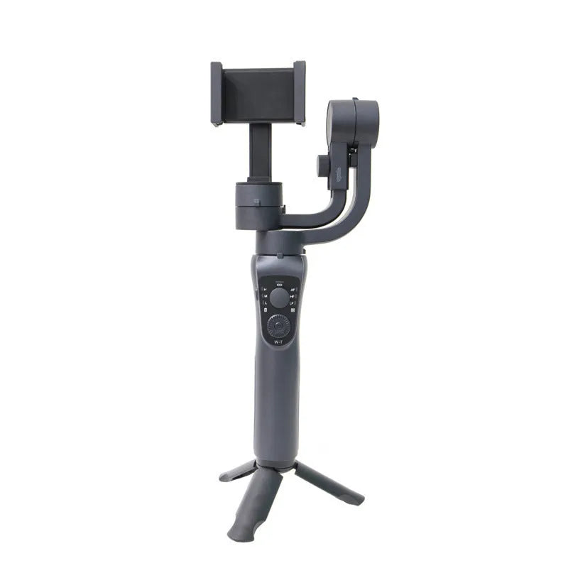 Black three-axis handheld smartphone gimbal stabiliser on a tripod with a hard case.