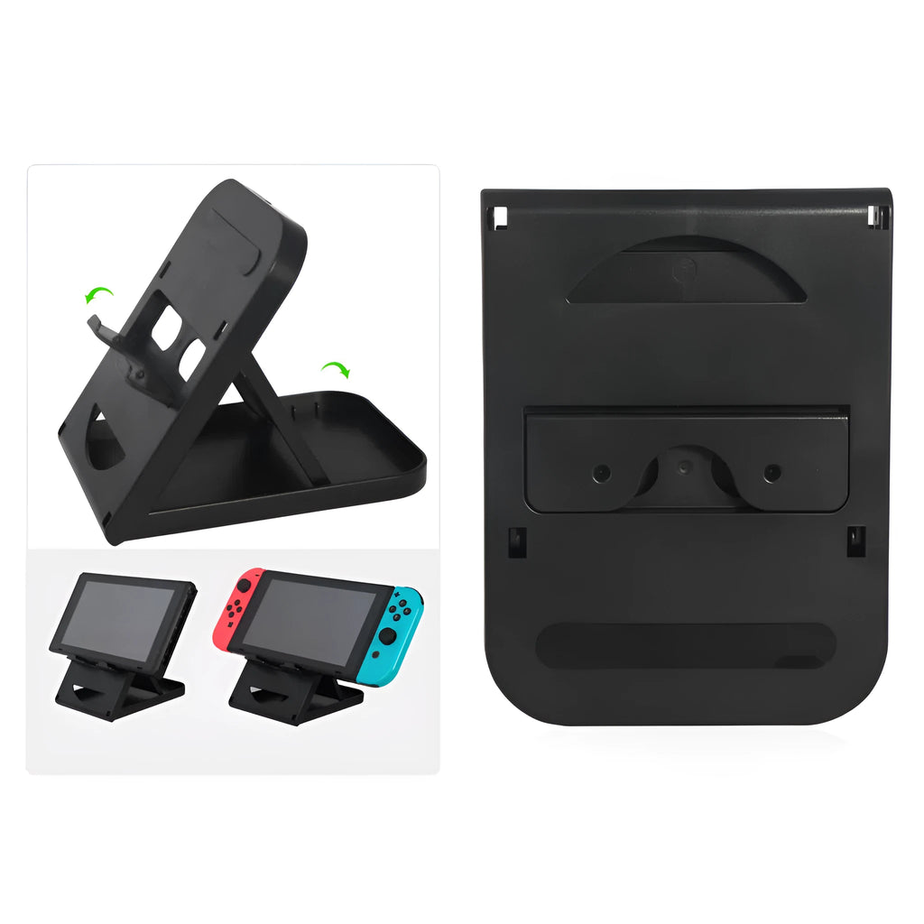 Black adjustable ABS game console stand for Switch on a desktop surface