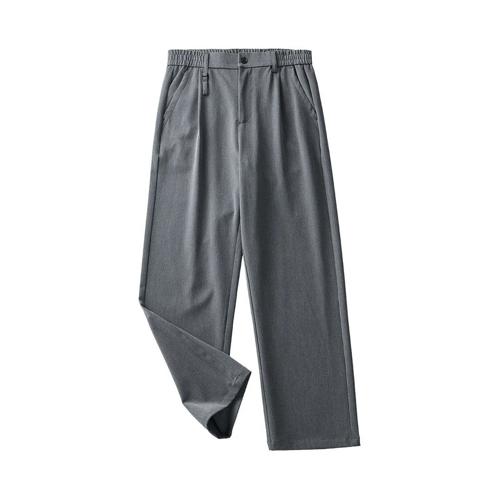Man's loose-fit straight-leg business casual trousers in grey, laid flat showing waistband and full length.