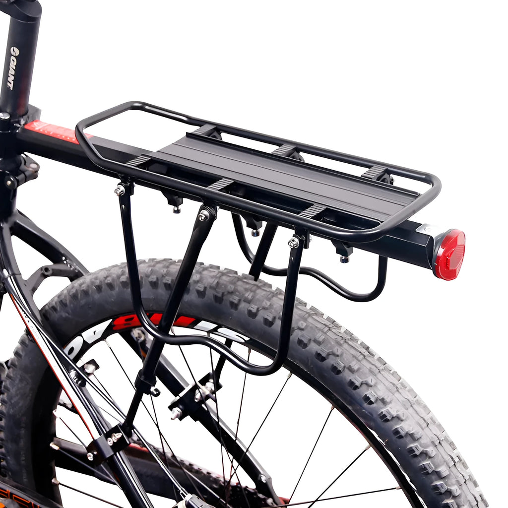 Black aluminium bicycle quick release shelf attached to seatpost with hex screws, adjustable for 20-29 inch bikes