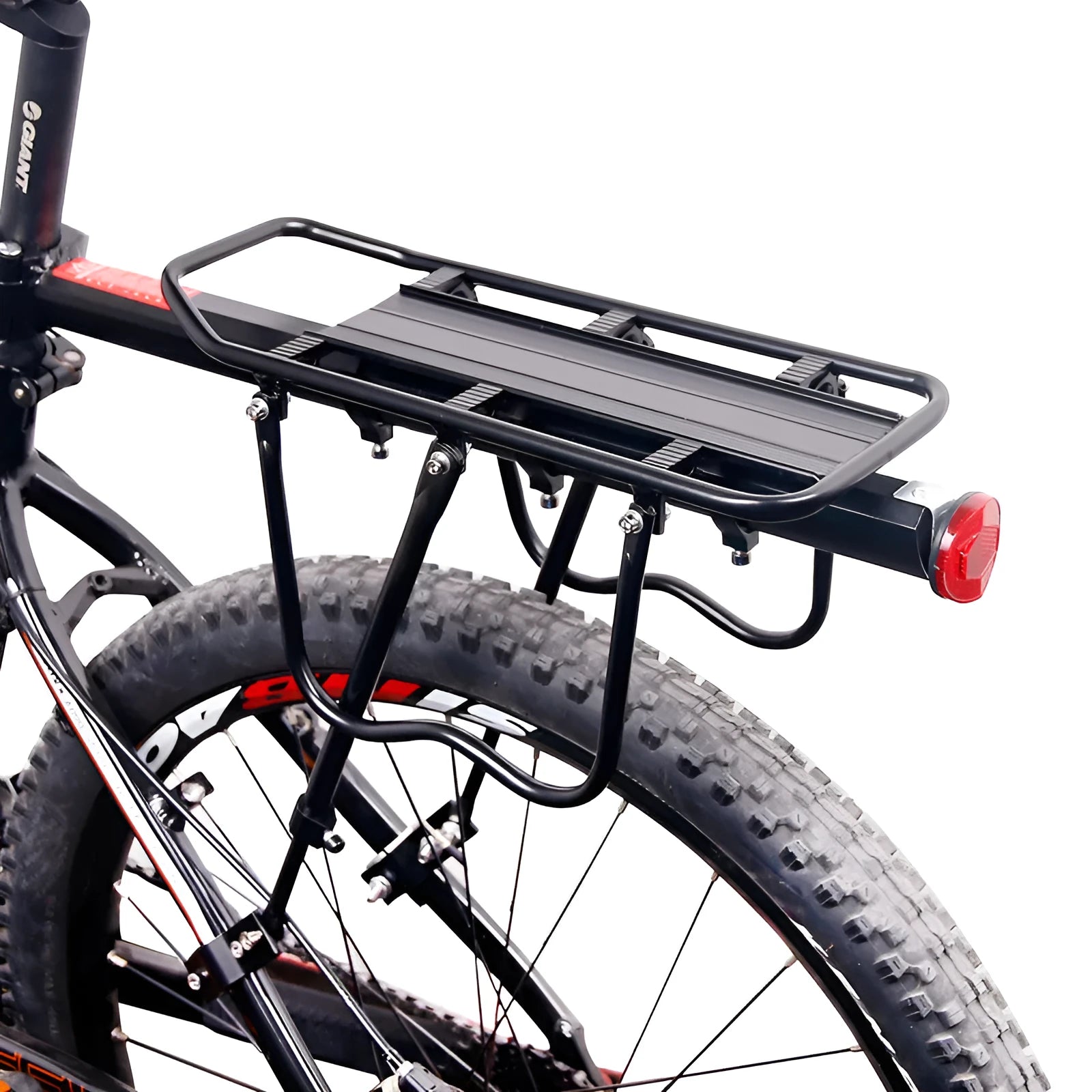 Black aluminium bicycle quick release shelf attached to seatpost with hex screws, adjustable for 20-29 inch bikes