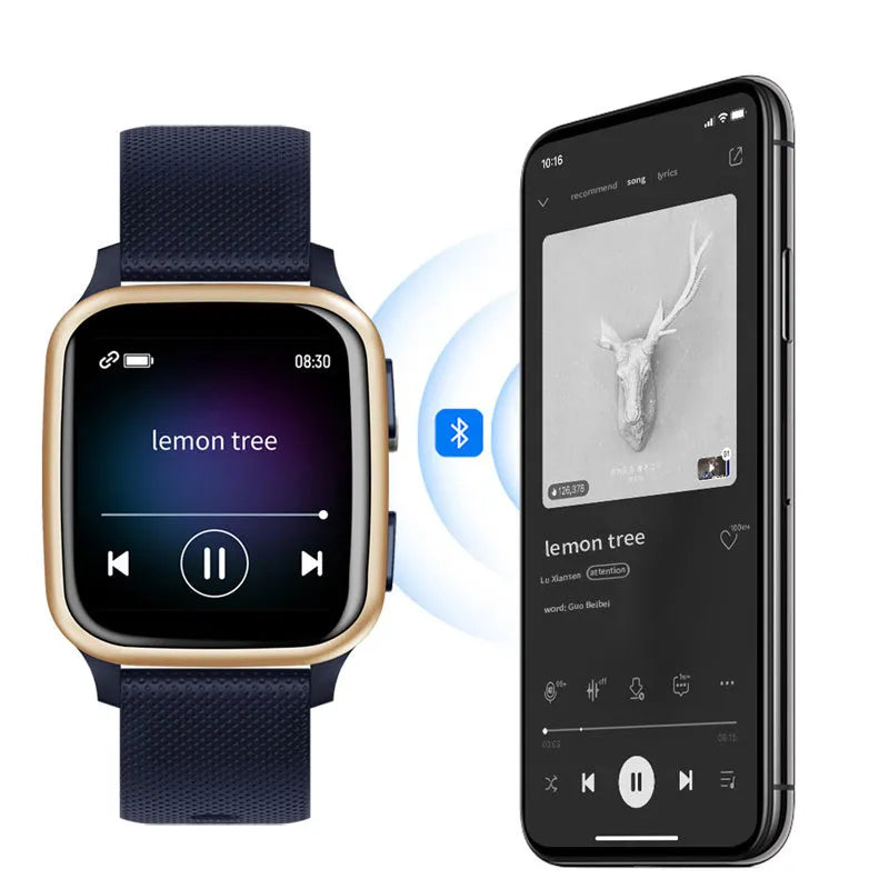 Aluminium alloy smart watch with Bluetooth calling and heart rate monitoring on wrist, in black, blue, green, or pink.