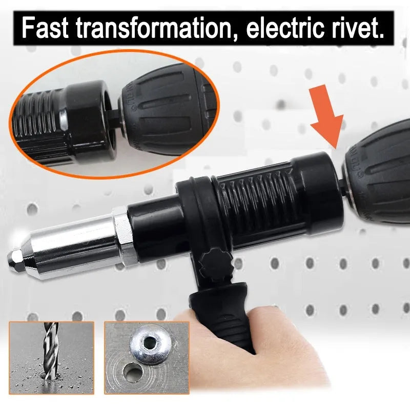Black metal electric drill rivet gun with handle, wrench, and rivet heads on a workbench.