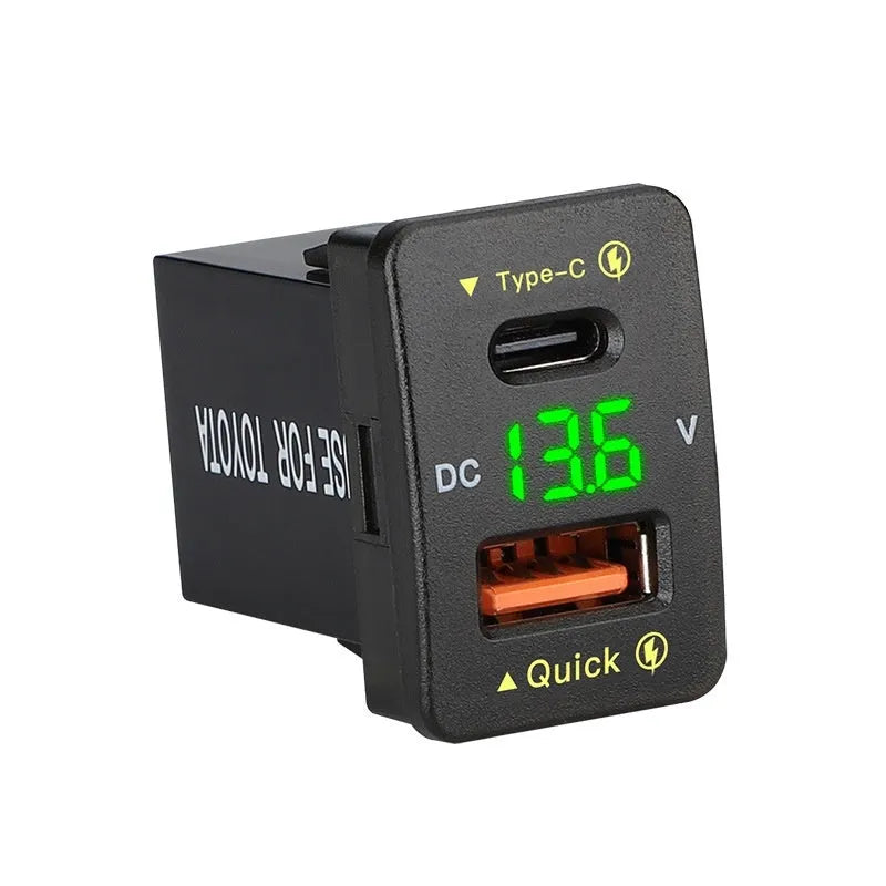 48W QC3.0 car phone charger, 12V/24V, red blue green LED, 33x23mm or 40x22mm, 21g