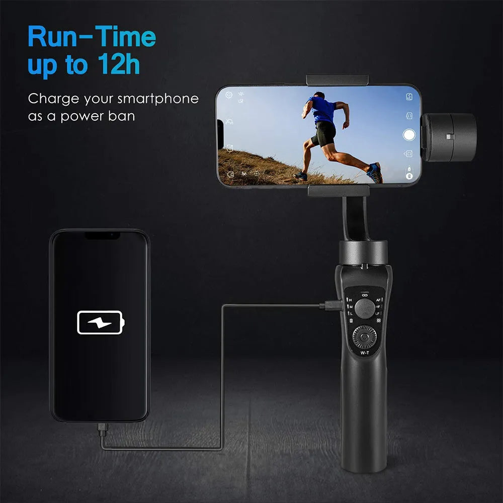 Black three-axis handheld smartphone gimbal stabiliser on a tripod with a hard case.