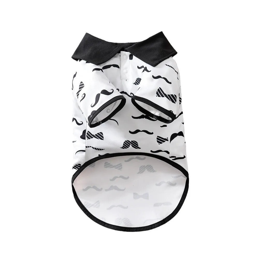White polyester dog jacket with gentleman beard design, shown in size L for medium dogs.