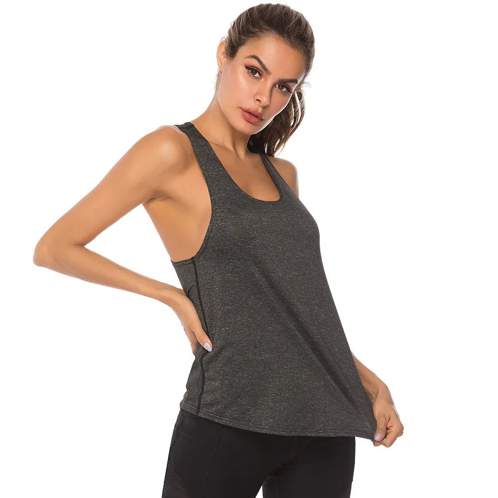 Women's sleeveless polyester gym vest with O neck, shown in slate, sky blue, pink, green and purple, sizes S to XL
