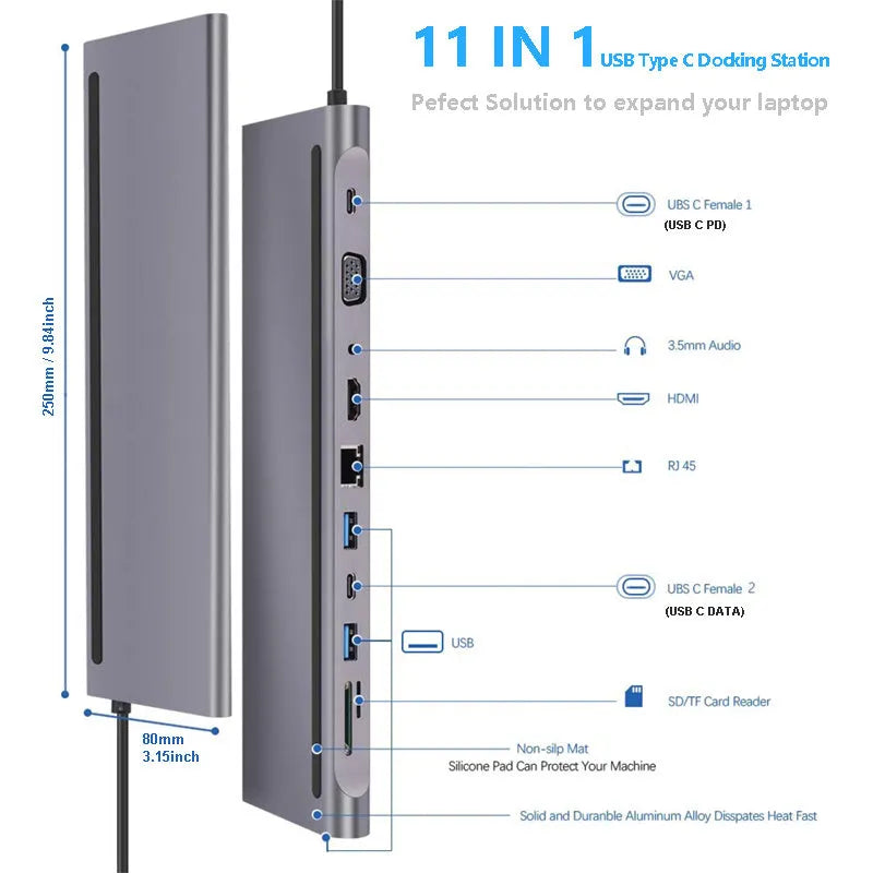 11-in-1 multifunctional laptop docking station with eleven USB 3.0 interfaces in Photo Color, no external power supply needed.