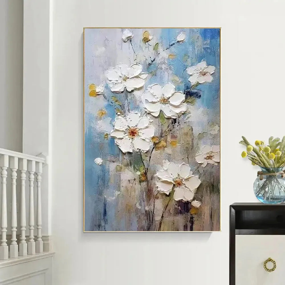 Handmade oil painting canvas wall art with thick 3D texture white modern abstract flowers