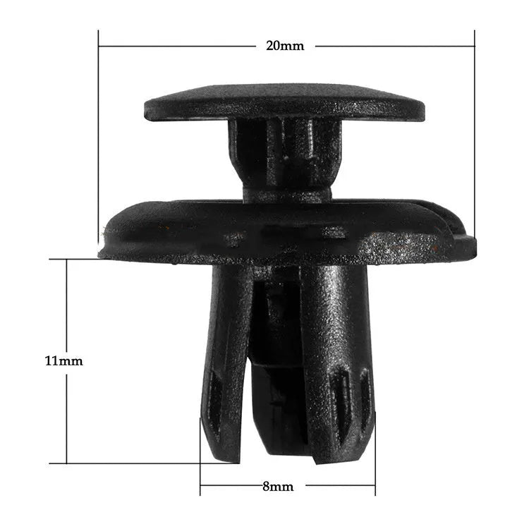 Black plastic automotive rivet fasteners with 8mm hole, pack of 50, model YT1119