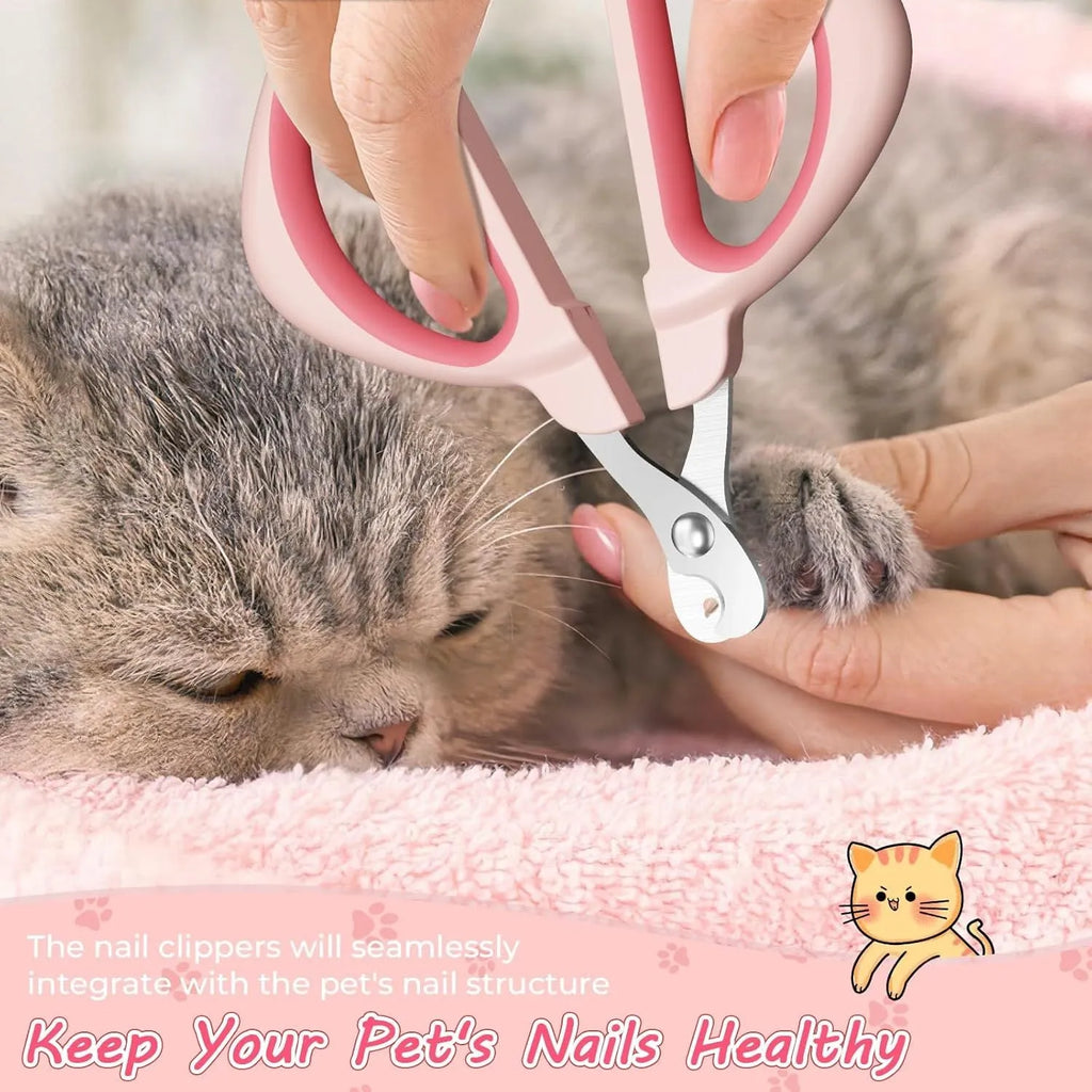 Blue cat nail clipper with a round positioning hole and stainless steel blade on a non-slip handle.