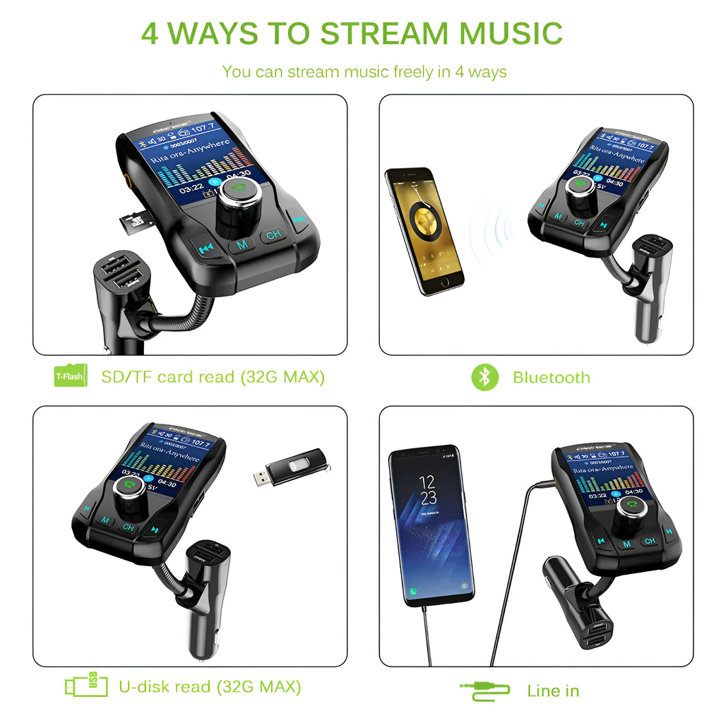 Black car FM transmitter with colour screen and dual USB ports plugged into a car dashboard