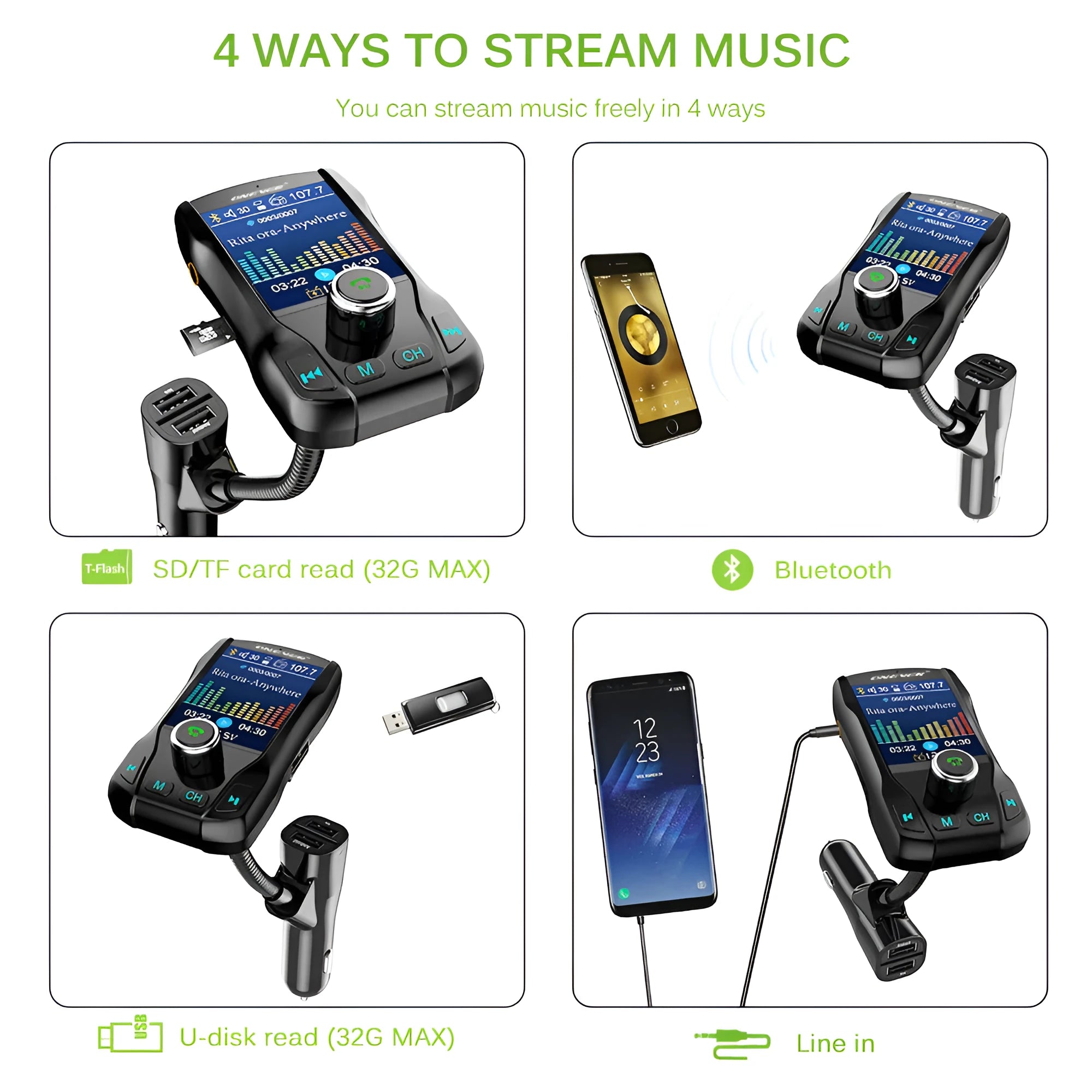 Black car FM transmitter with colour screen and dual USB ports plugged into a car dashboard
