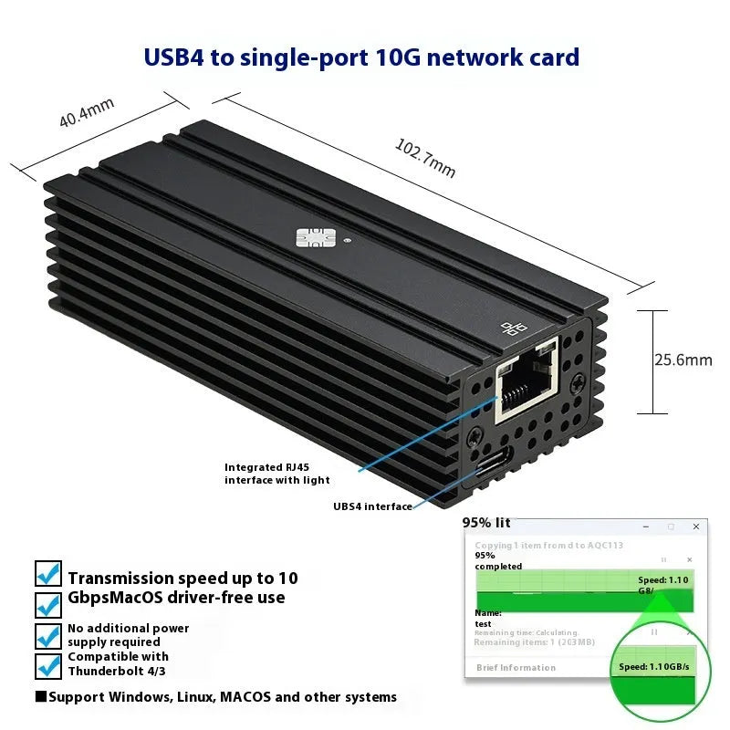 Black Leyu USB4 to 10 Gigabit Ethernet network adapter with RJ45 port and 20cm cable