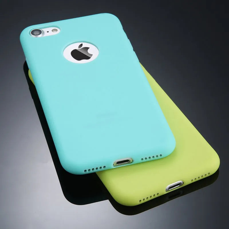 Soft silicone candy colour phone case for iPhone on a plain background.