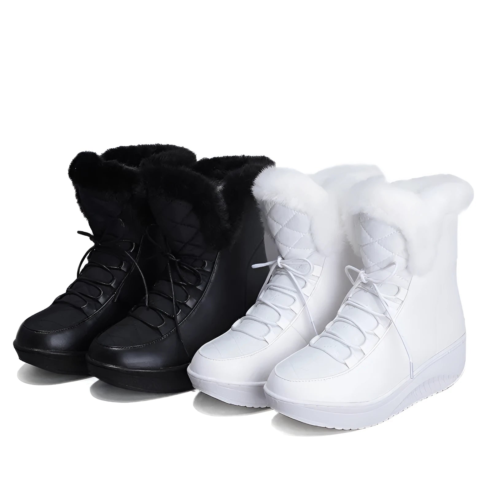 Women's black lace-up winter boots with a platform sole on a white background