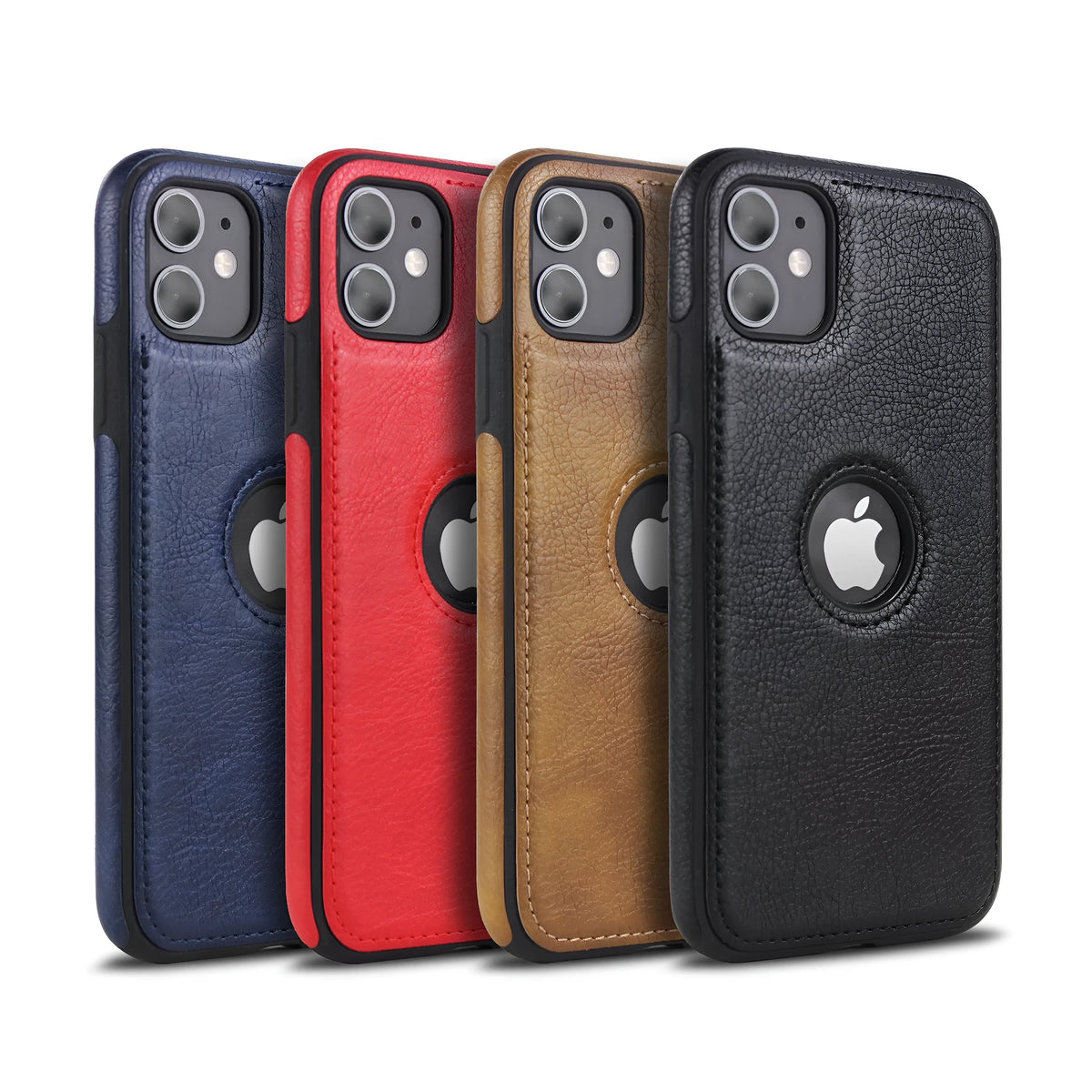 PU leather iPhone wallet case with magnetic flip in black, blue, brown, and red