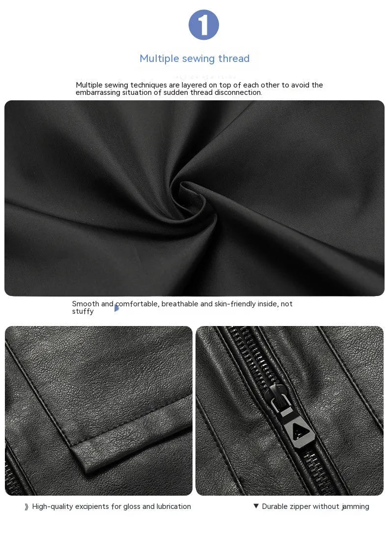 Men's slim lapel artificial leather jacket in black with side pockets and polyester lining