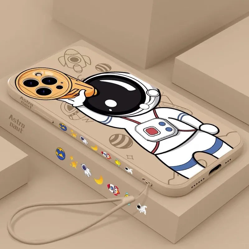 Cartoon astronaut and planet design silicone phone case for iPhone in black, khaki or sea blue.
