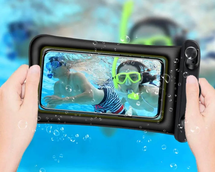 Orange waterproof PVC phone pouch with a 45cm rope and ABS seal switch.
