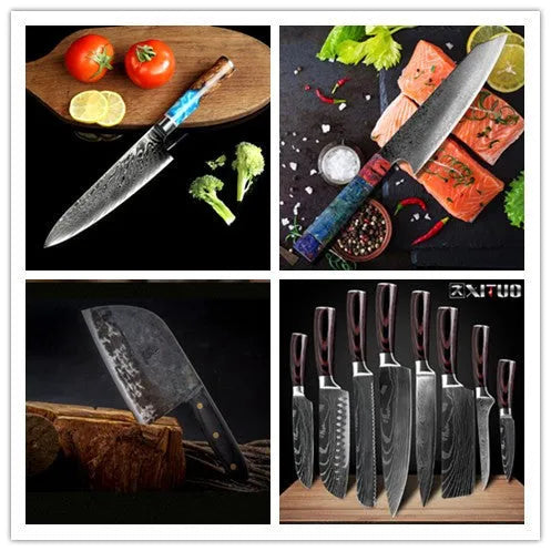 8-piece kitchen knife block set with chef knife, bread knife, boning knife plus Damascus steel meat cutter and high carbon utility knife