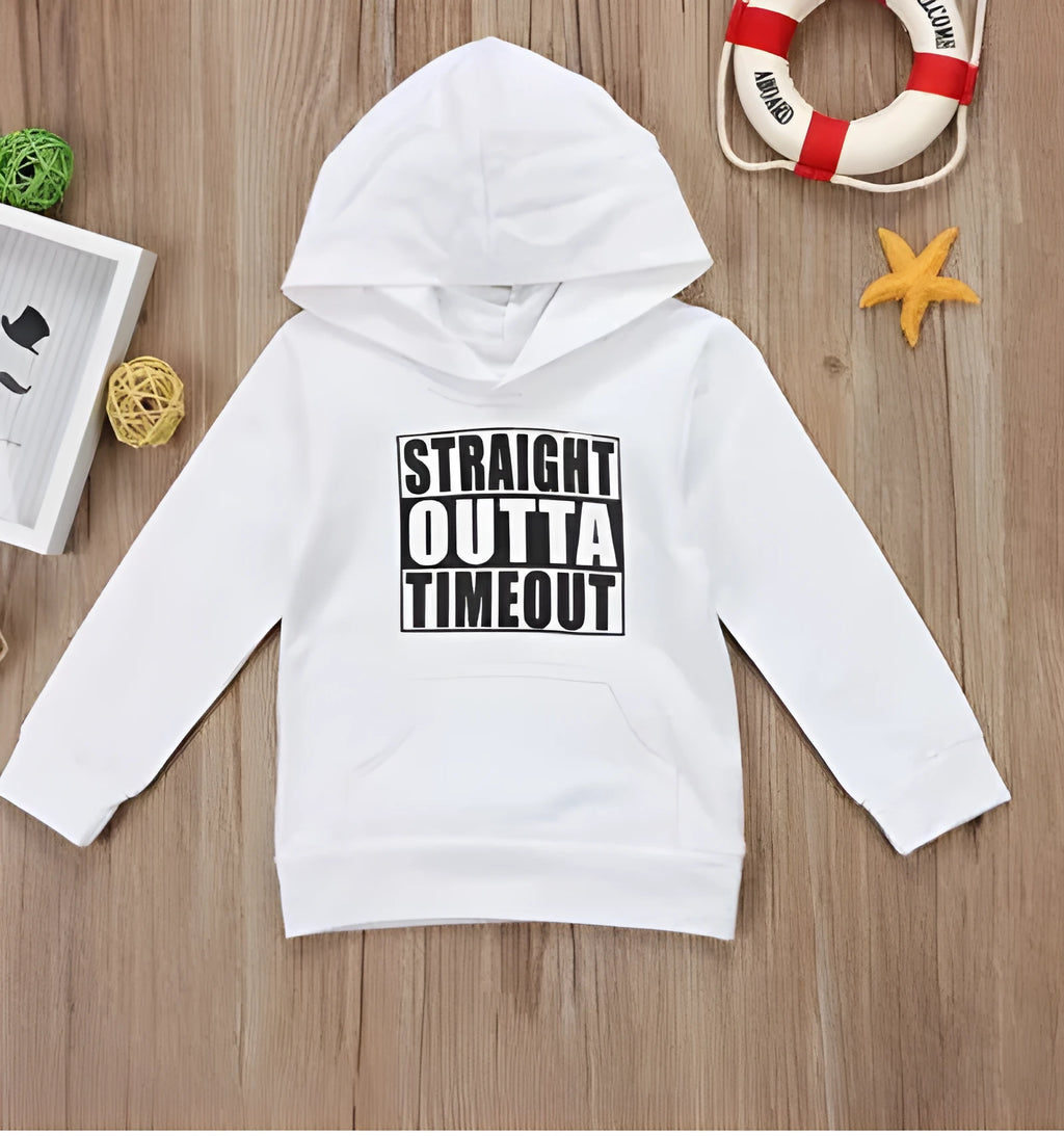 Children's black hooded sweater with white letter pattern, long sleeves, and pullover design.