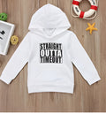 Children's black hooded sweater with white letter pattern, long sleeves, and pullover design.