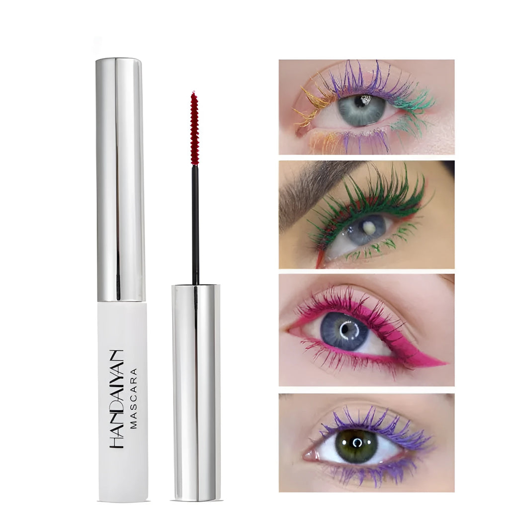Colour mascara for thick curls with fine brush head, smudge-proof formula, 12 colours available including Black Blue Brown