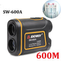 Outdoor handheld golf rangefinder device showing compact design on green background.