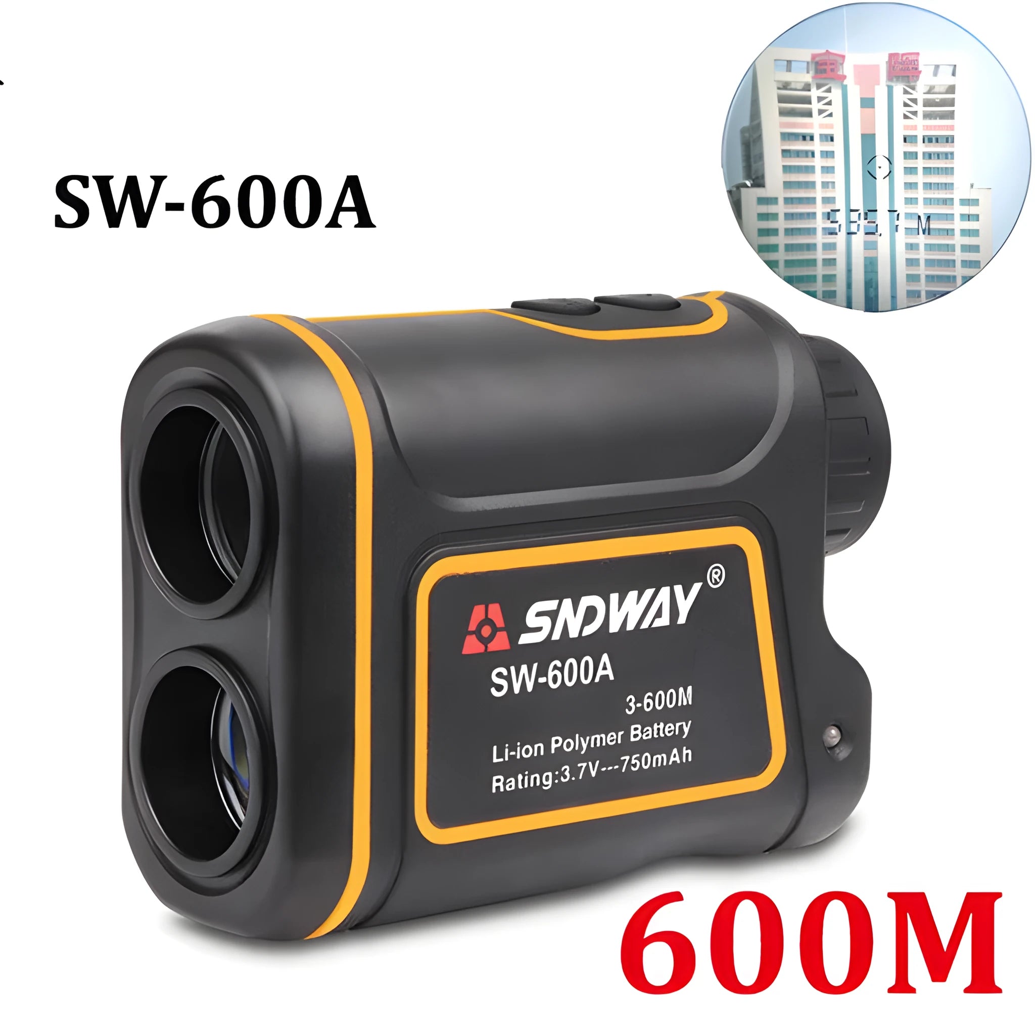 Outdoor handheld golf rangefinder device showing compact design on green background.