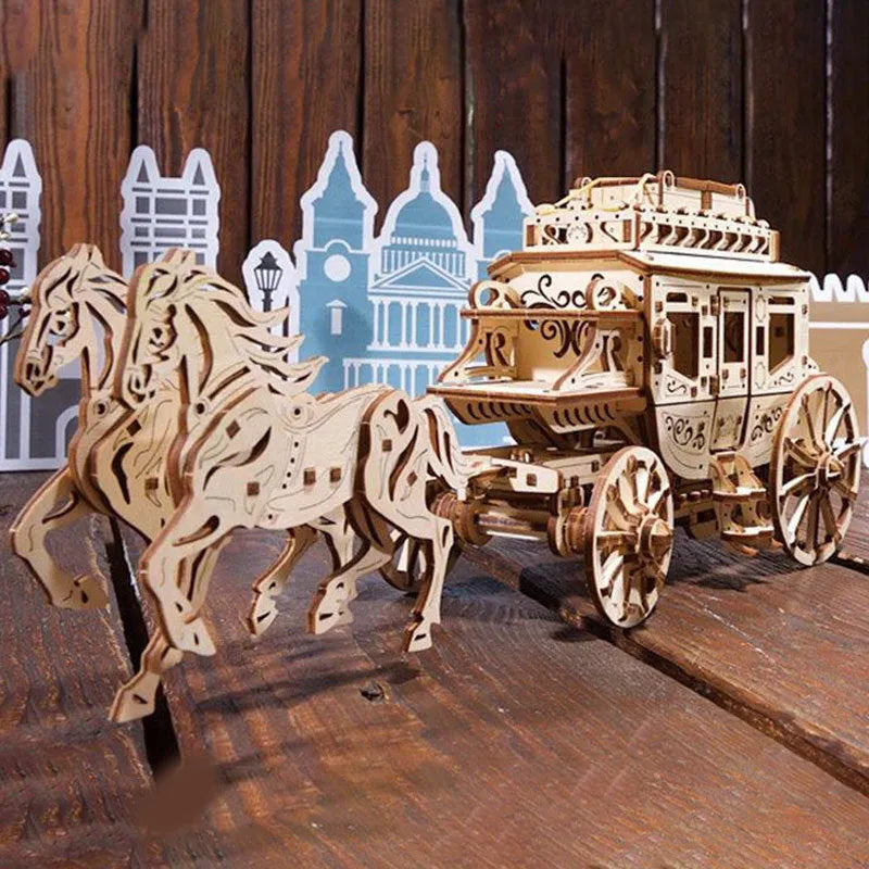 Wooden gear block mechanical transmission model in Stagecoach colour style assembled on a table