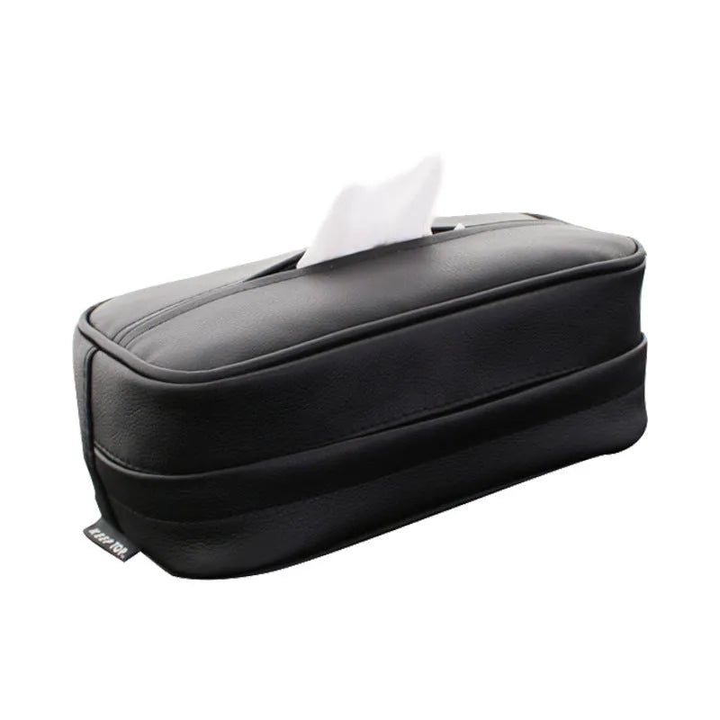 Black PU leather hanging storage box or bag with dimensions shown for car organisation.
