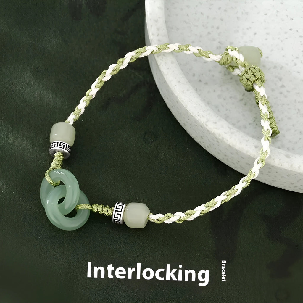 Women's ethnic-style bracelet with jade buckle weaving and double ring design in electroplated copper