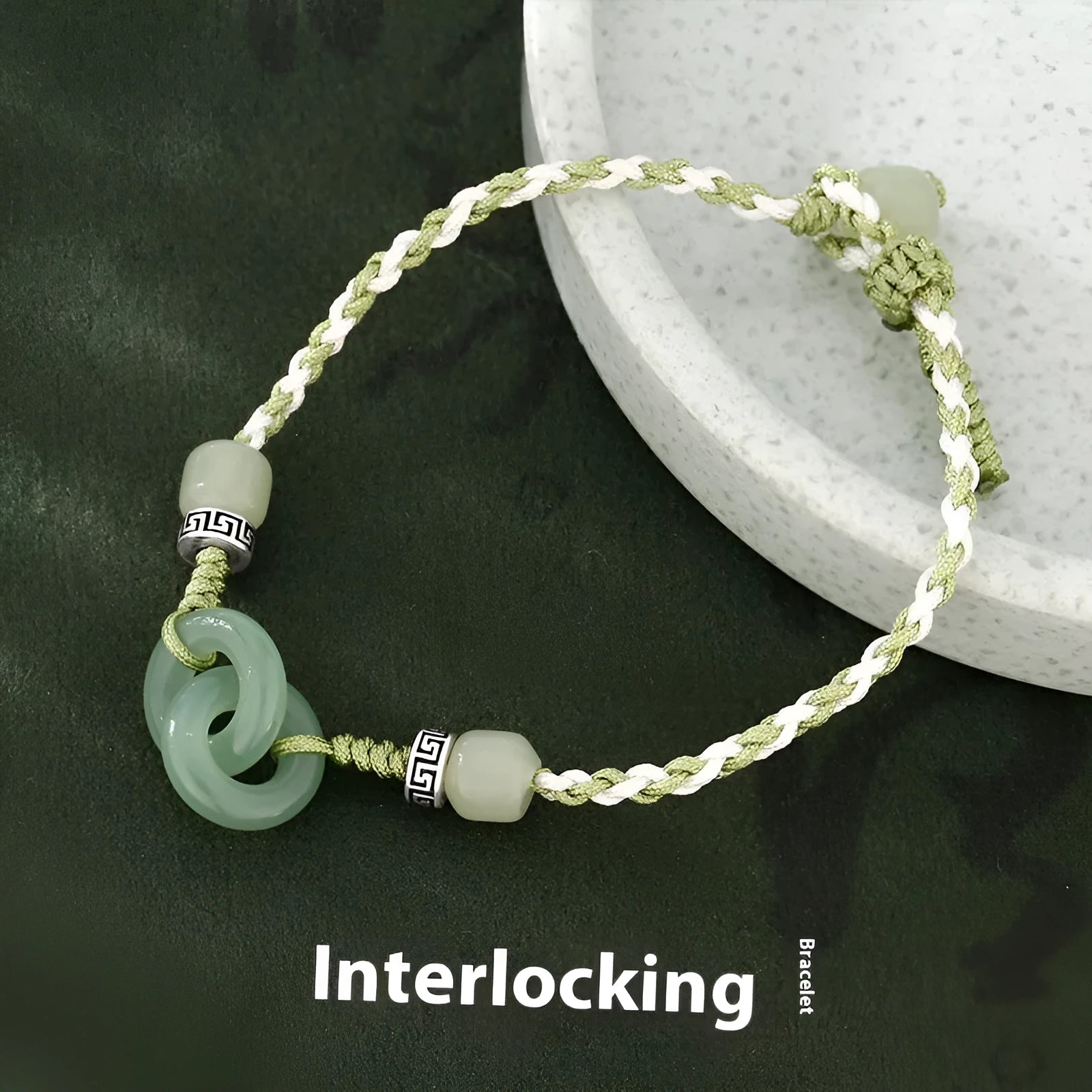 Women's ethnic-style bracelet with jade buckle weaving and double ring design in electroplated copper