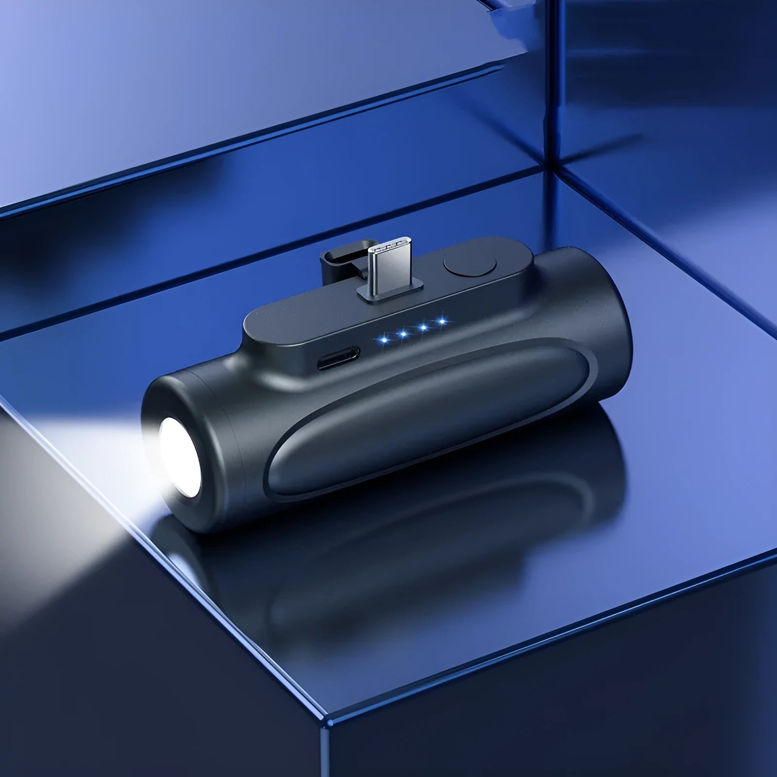 Black Creative Glare Power Bank showing USB-C port and LED flashlight on a compact plastic body.