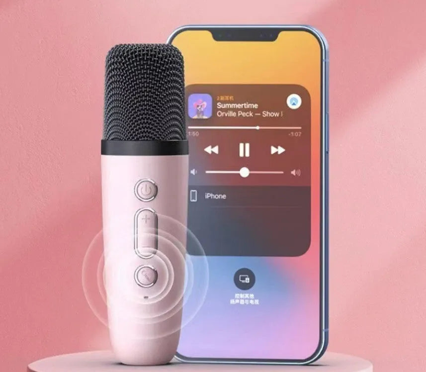Portable Bluetooth speaker microphone with coloured LED lights in pink, sky blue, or white.