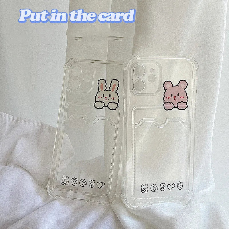 Transparent cartoon design iPhone case with card slots on the back