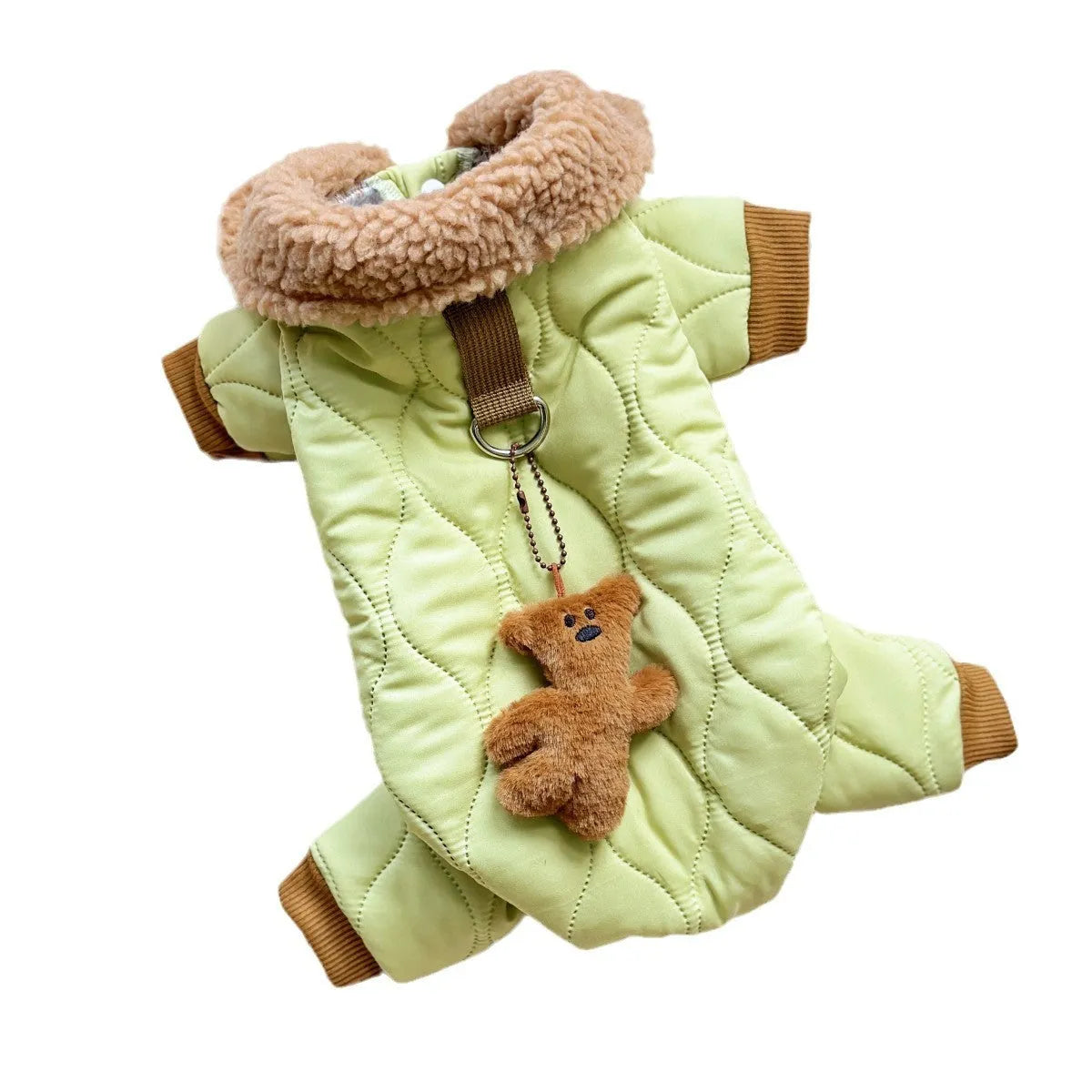Light green cotton dog top with toy bear pendant on extra thick band, casual style