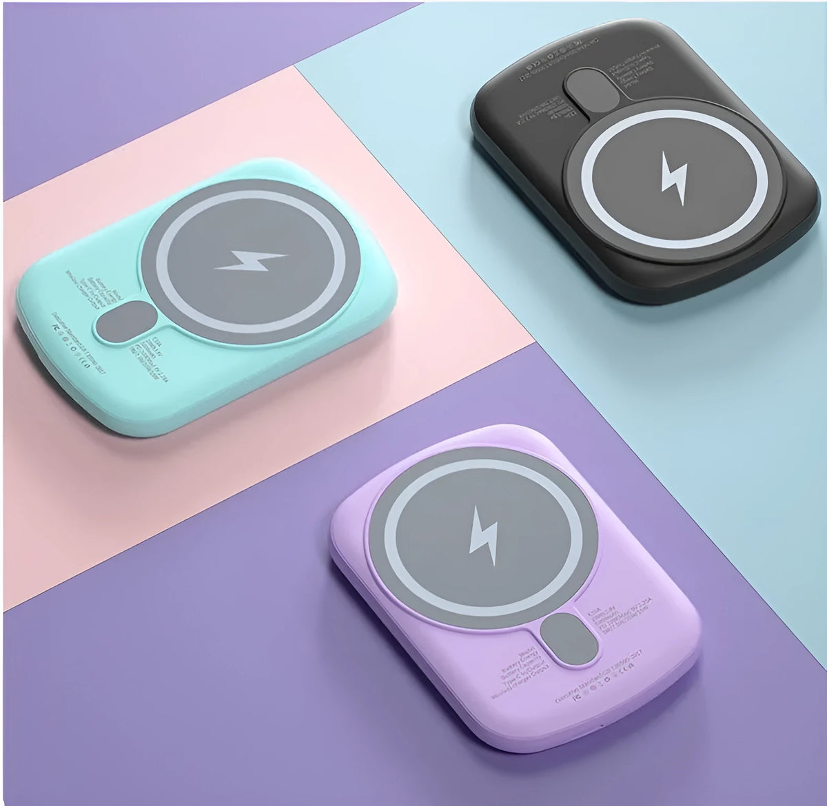 Magnetic wireless power bank, 94x66x13mm plastic shell, 5000mAh or 10000mAh, PD20W, four colours