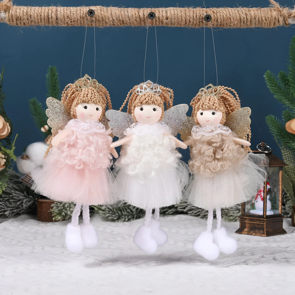 Cartoon angel girl cloth hair pendant with crown and high ponytail in white, pink, and khaki.